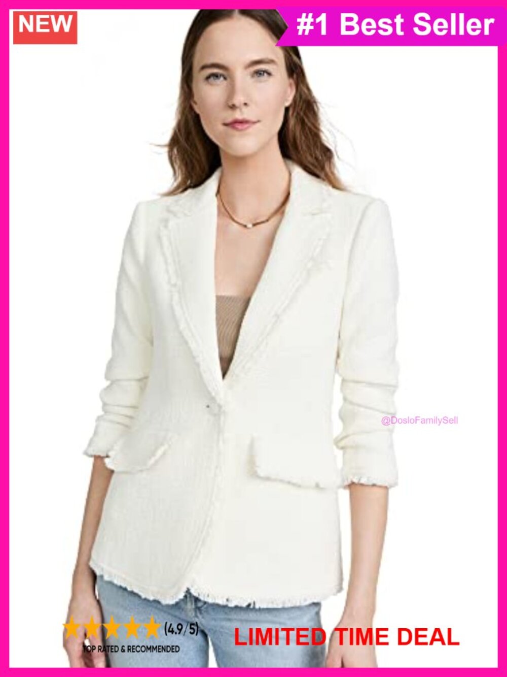 Boucle Blazer Tailored Fringe Trim Notch Lapel Office Workwear